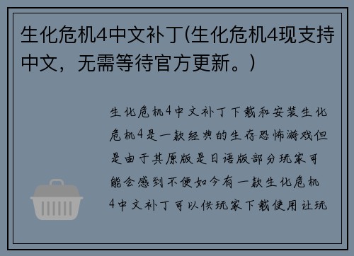 生化危机4中文补丁(生化危机4现支持中文，无需等待官方更新。)
